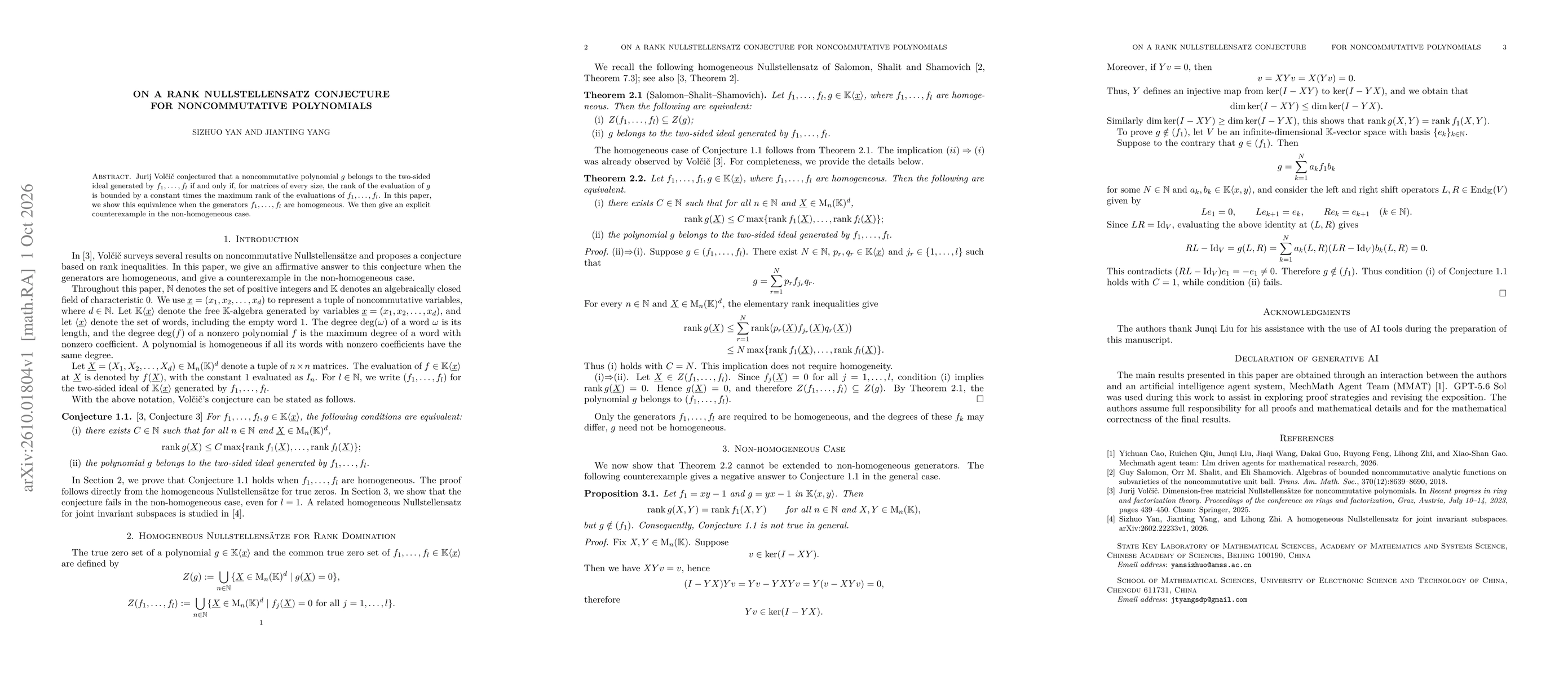 Thumbnail for On a Rank Nullstellensatz Conjecture for Noncommutative Polynomials
