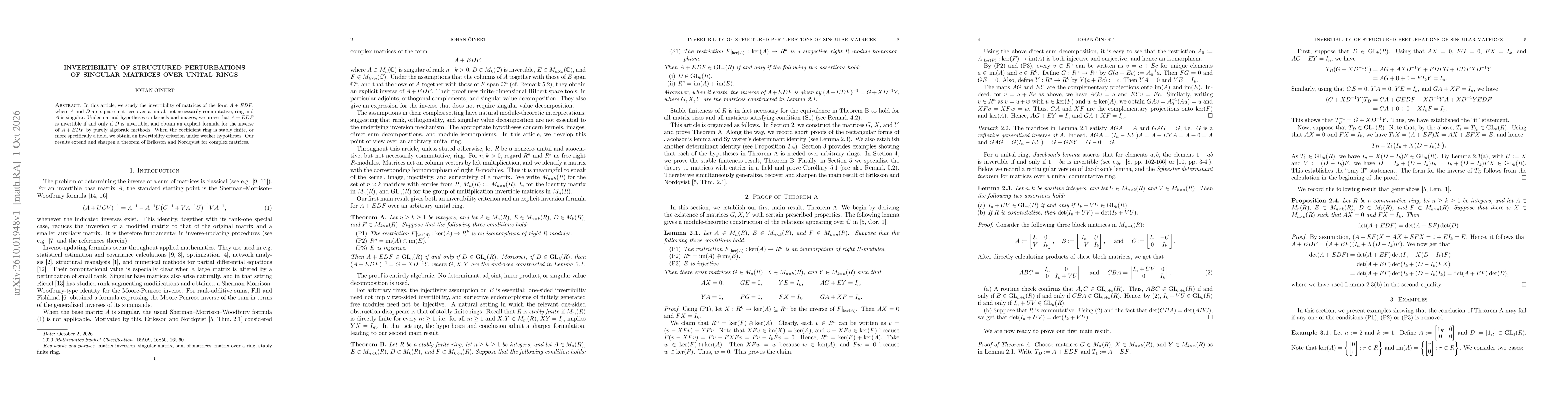 Thumbnail for Invertibility of structured perturbations of singular matrices over unital rings