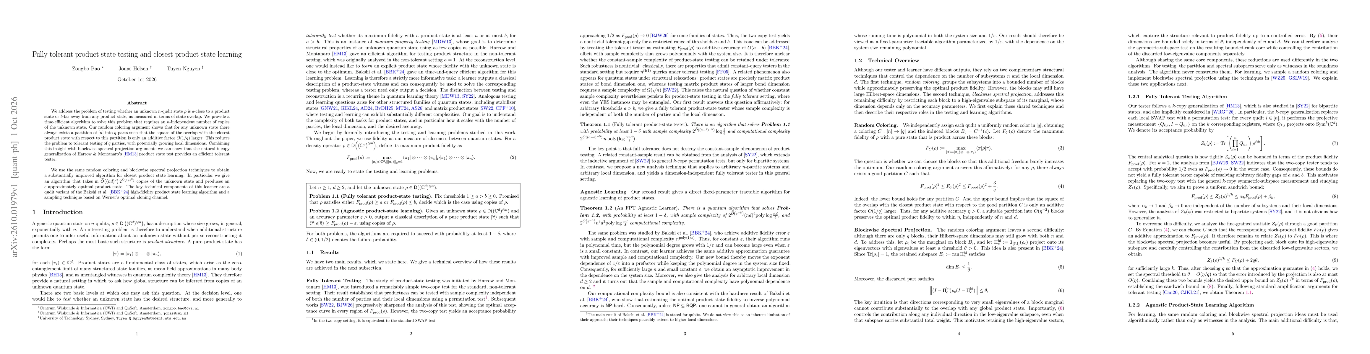 Thumbnail for Fully tolerant product state testing and closest product state learning