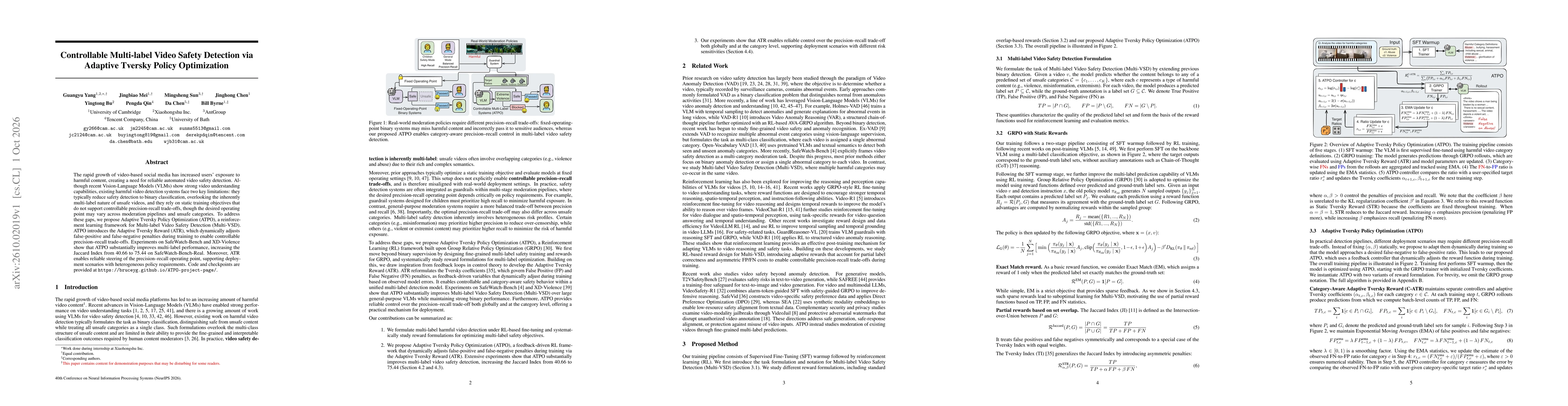 Thumbnail for Controllable Multi-label Video Safety Detection via Adaptive Tversky Policy Optimization