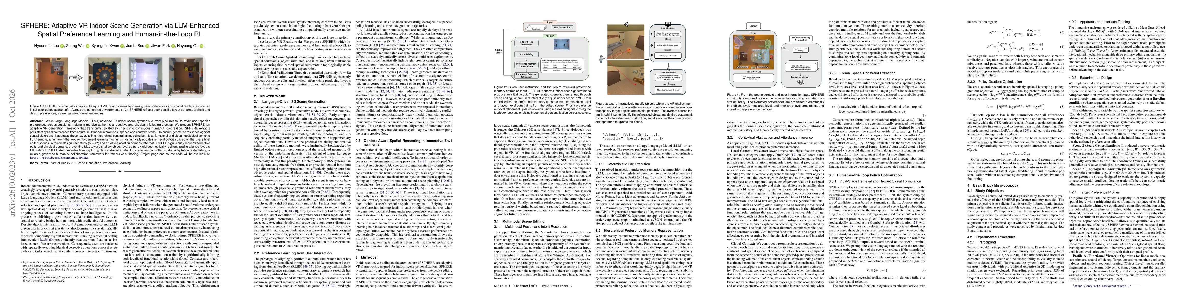 Thumbnail for SPHERE: Adaptive VR Indoor Scene Generation via LLM-Enhanced Spatial Preference Learning and Human-in-the-Loop RL