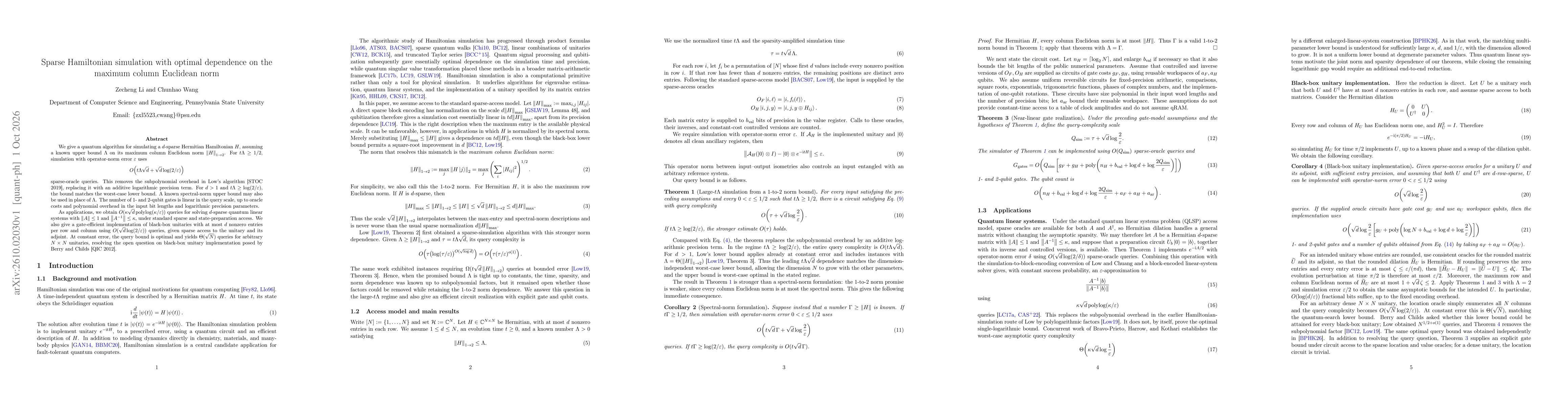 Thumbnail for Sparse Hamiltonian simulation with optimal dependence on the maximum column Euclidean norm