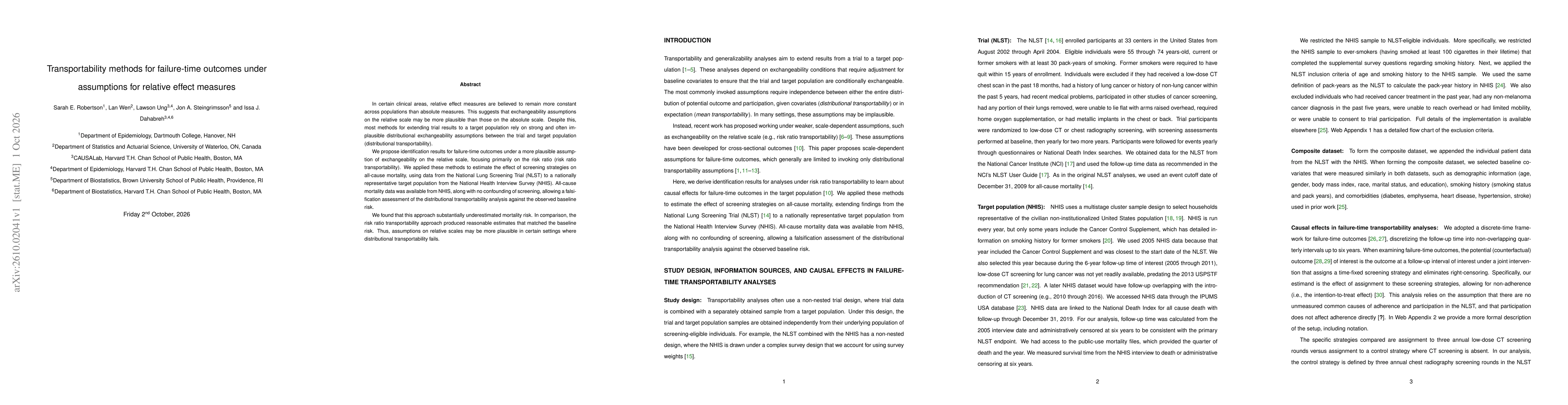Thumbnail for Transportability methods for failure-time outcomes under assumptions for relative effect measures