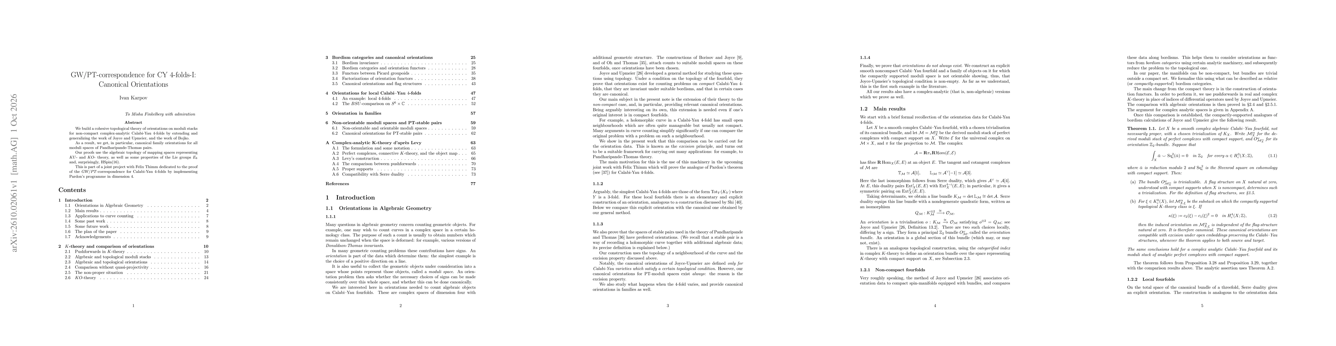 Thumbnail for GW/PT-correspondence for CY 4-folds-I: Canonical Orientations