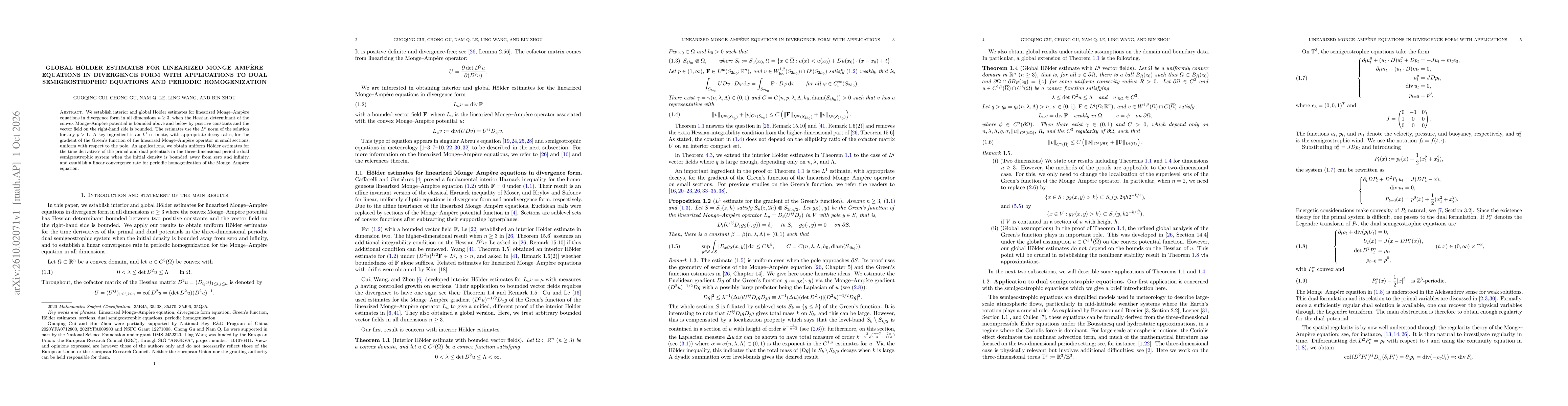 Thumbnail for Global Hölder estimates for linearized Monge-Ampère equations in divergence form with applications to dual semigeostrophic equations and periodic homogenization