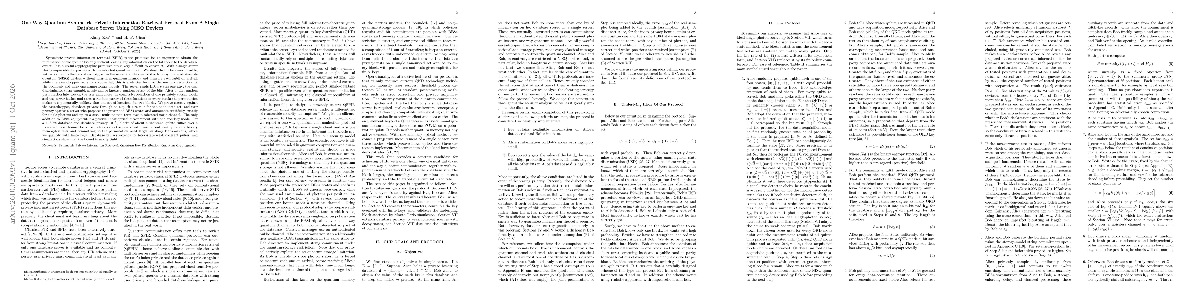 Thumbnail for One-Way Quantum Symmetric Private Information Retrieval Protocol From A Single Database Server Using NISQ Devices