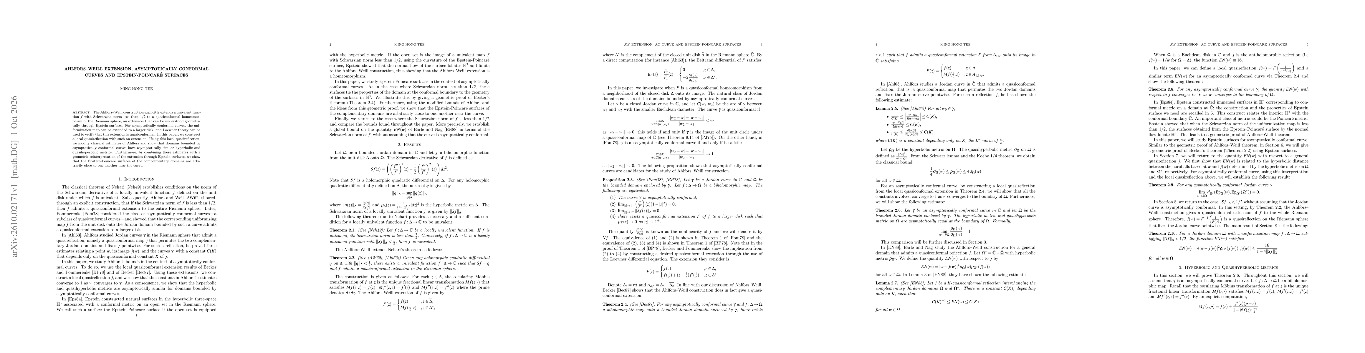 Thumbnail for Ahlfors--Weill Extension, Asymptotically Conformal Curves and Epstein--Poincaré Surfaces