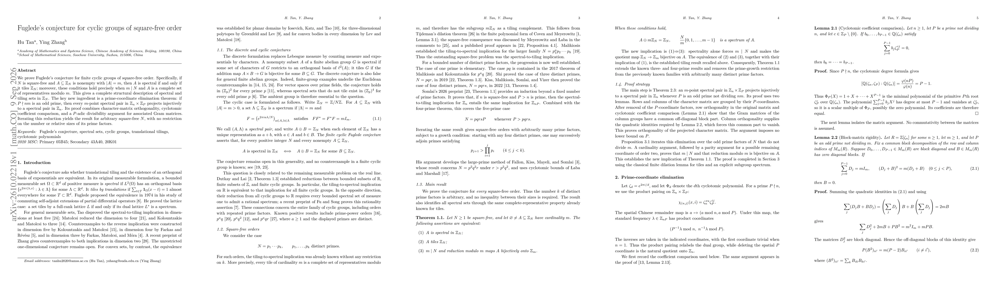 Thumbnail for Fuglede's Conjecture for Cyclic Groups of Square-free Order