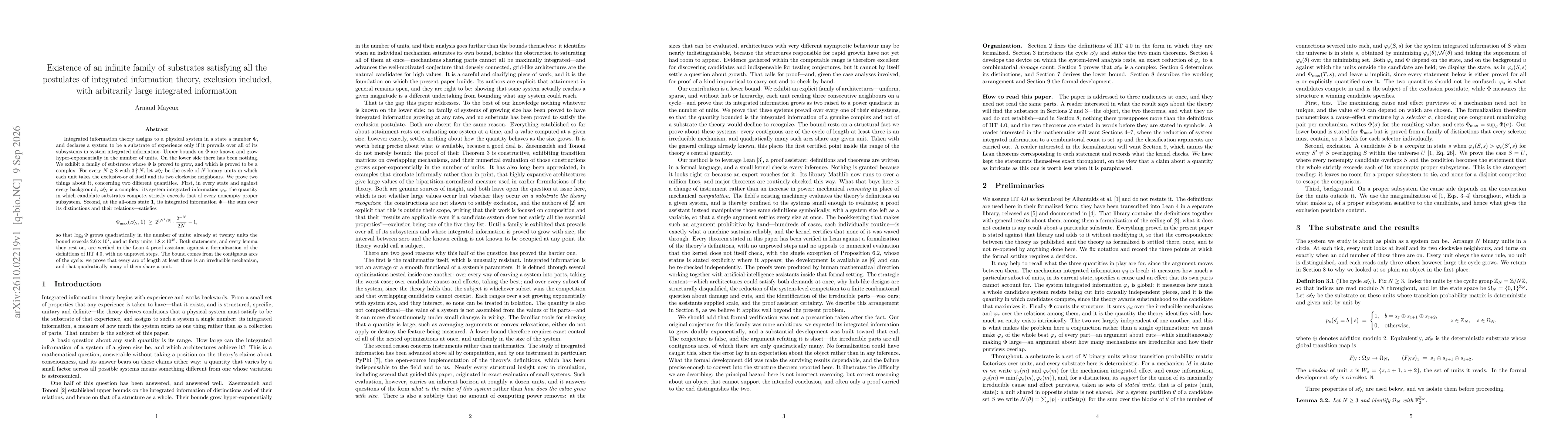 Thumbnail for Existence of an infinite family of substrates satisfying all the postulates of integrated information theory, exclusion included, with arbitrarily large integrated information