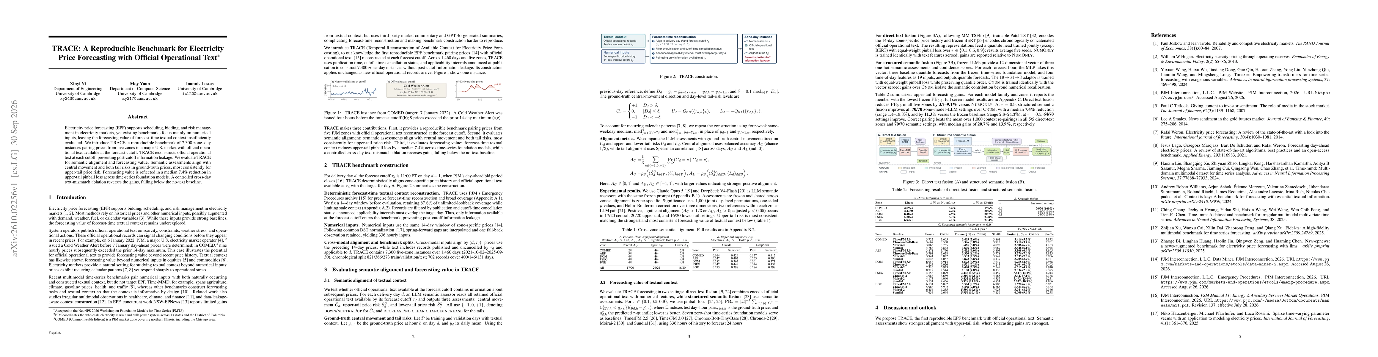 Thumbnail for TRACE: A Reproducible Benchmark for Electricity Price Forecasting with Official Operational Text