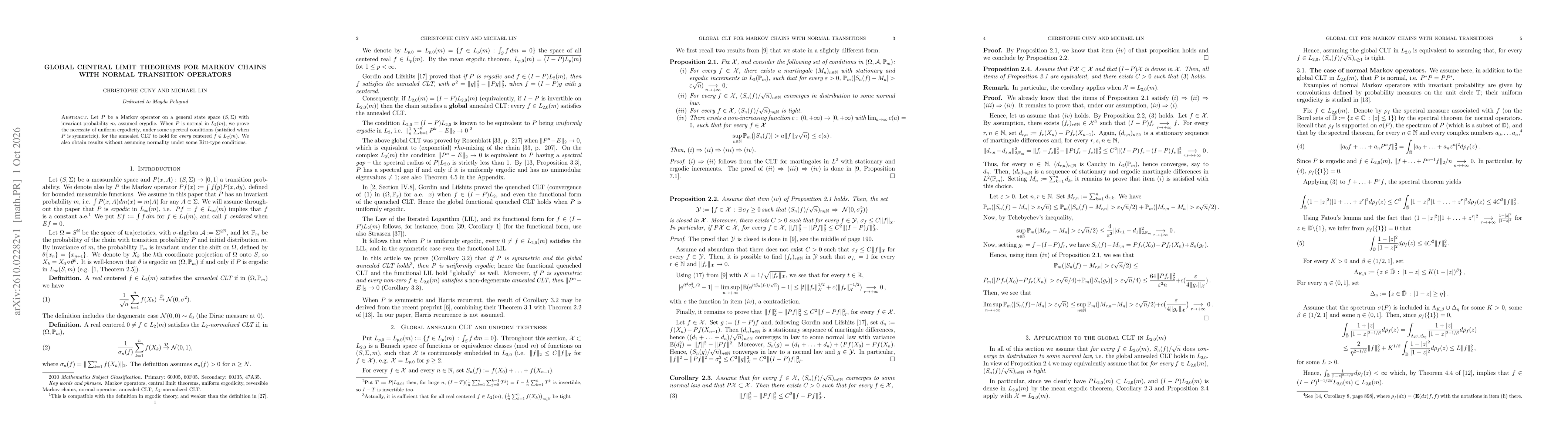 Thumbnail for Global Central Limit Theorems for Markov chains with normal transition operator