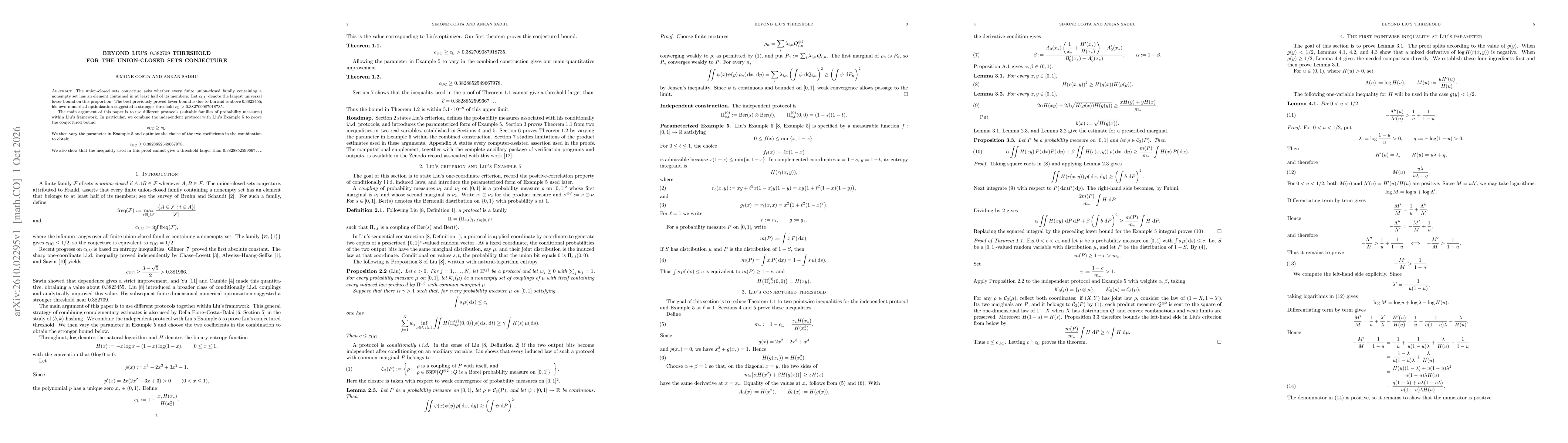 Thumbnail for Beyond Liu's 0.382709 threshold for the union-closed sets conjecture