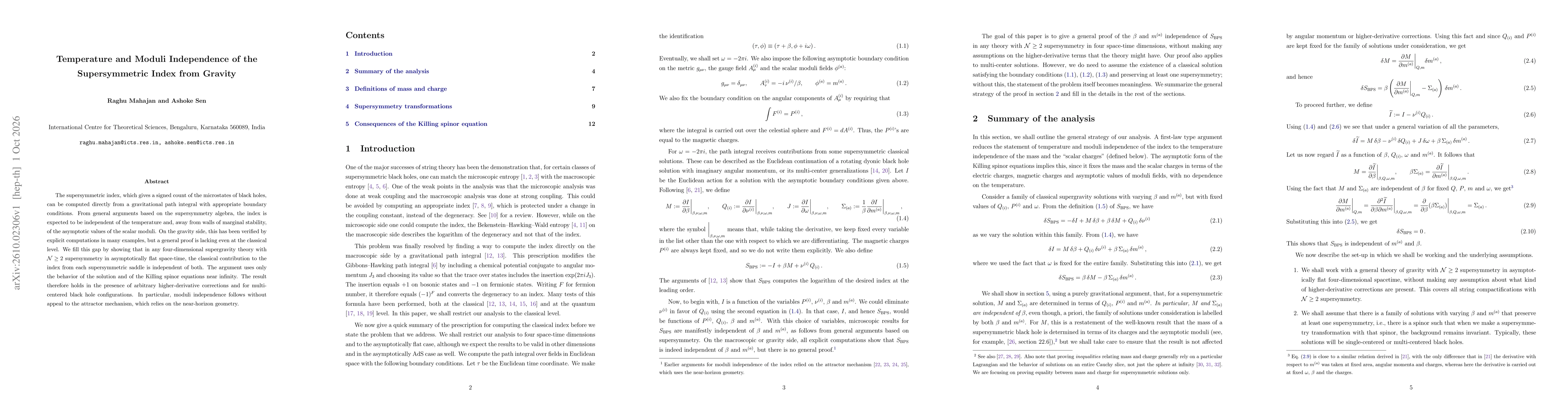 Thumbnail for Temperature and Moduli Independence of the Supersymmetric Index from Gravity