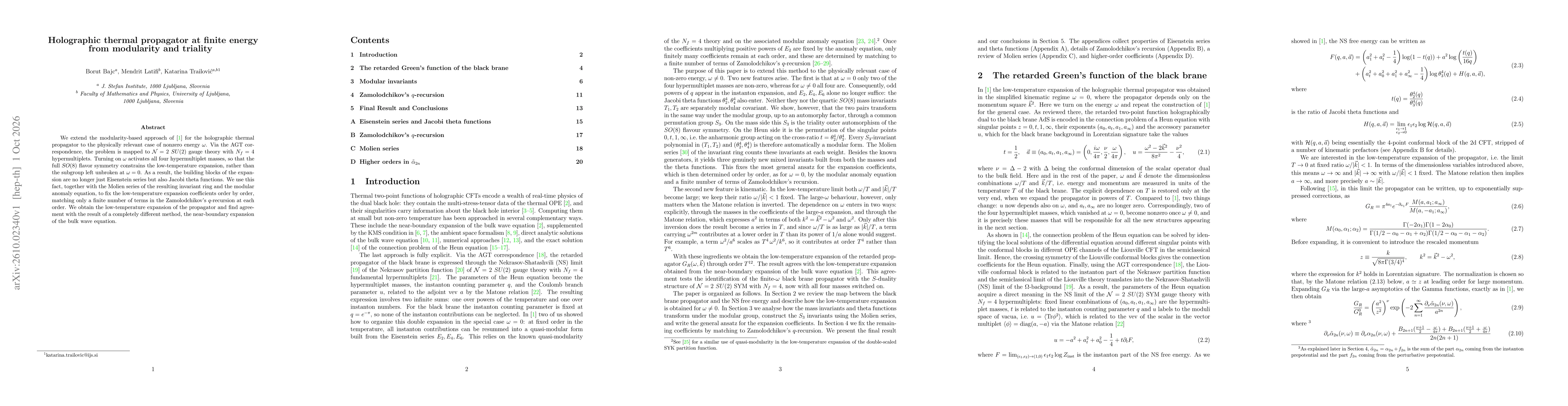 Thumbnail for Holographic thermal propagator at finite energy from modularity and triality