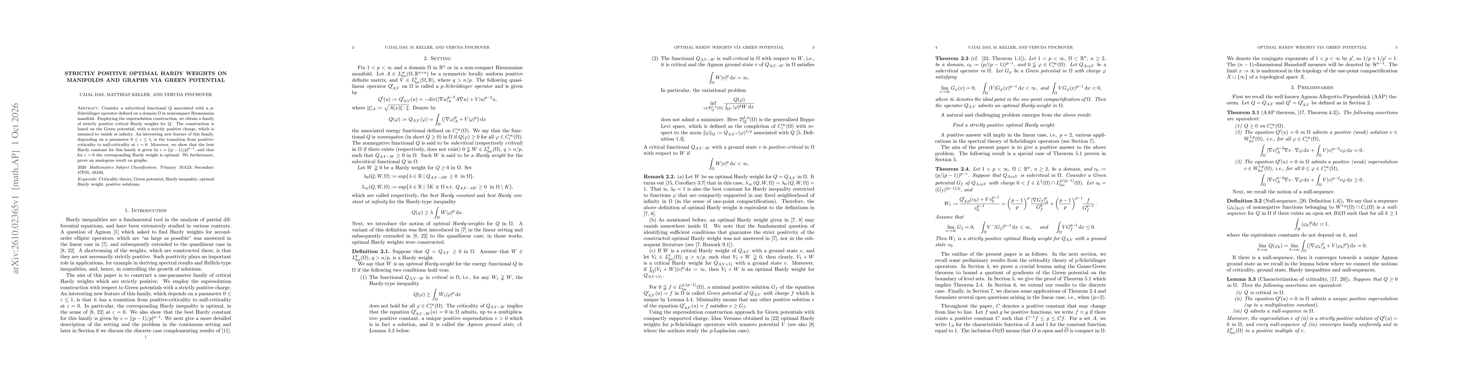Thumbnail for Strictly positive optimal Hardy weights on manifolds and graphs via Green potential