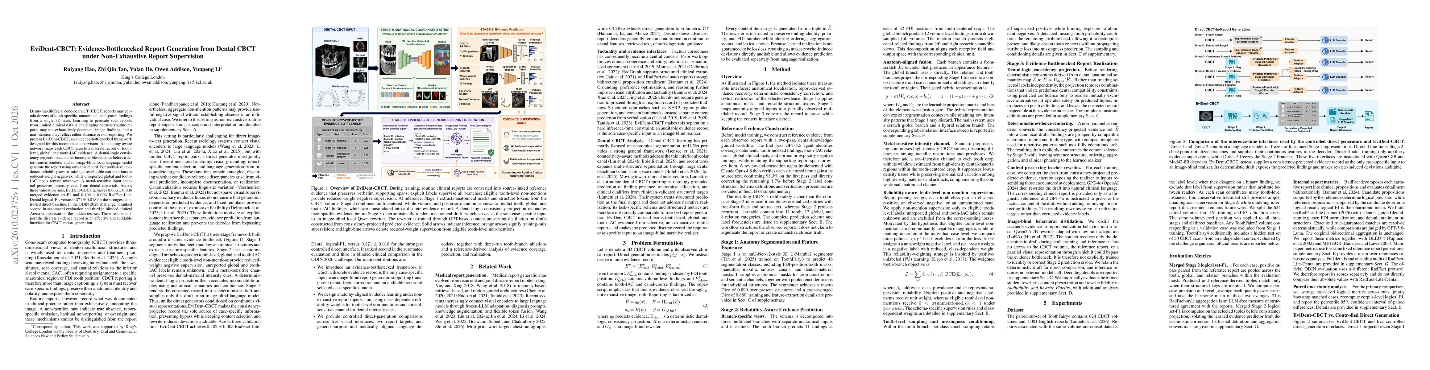 Thumbnail for EviDent-CBCT: Evidence-Bottlenecked Report Generation from Dental CBCT under Non-Exhaustive Report Supervision