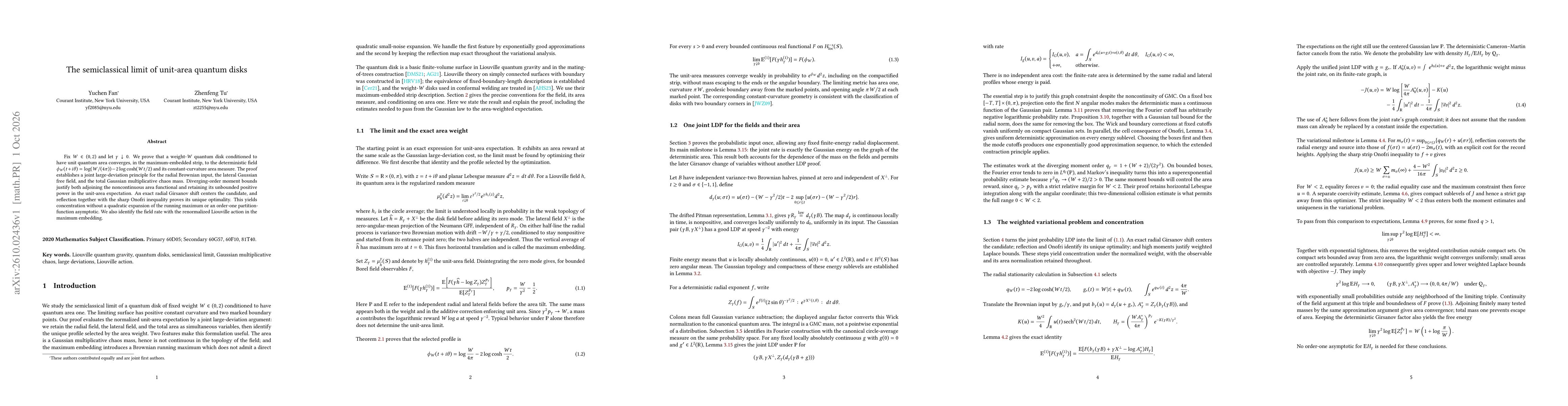 Thumbnail for The semiclassical limit of unit-area quantum disks