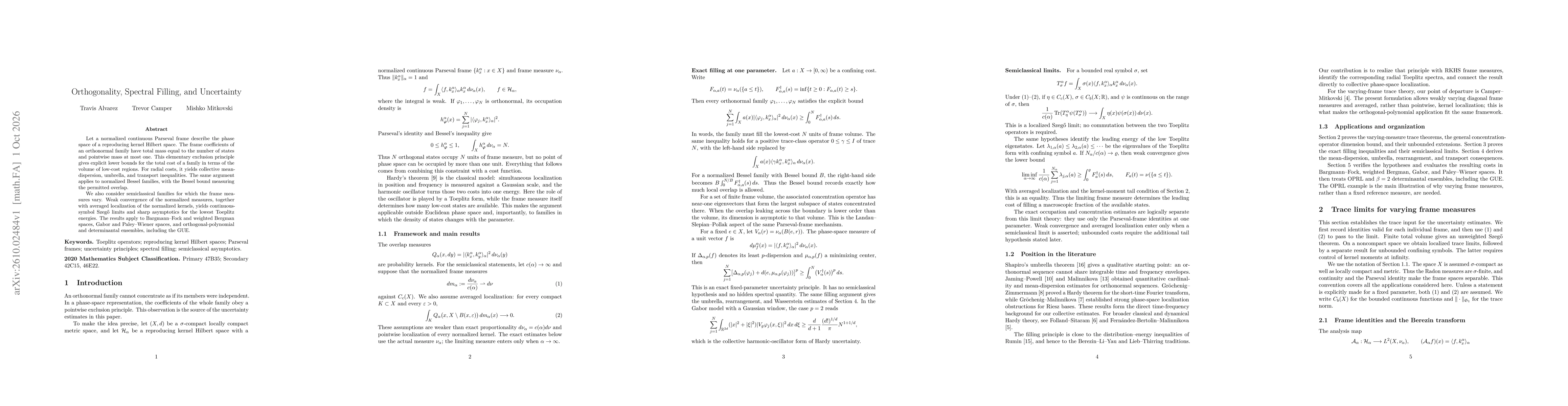 Thumbnail for Orthogonality, Spectral Filling, and Uncertainty