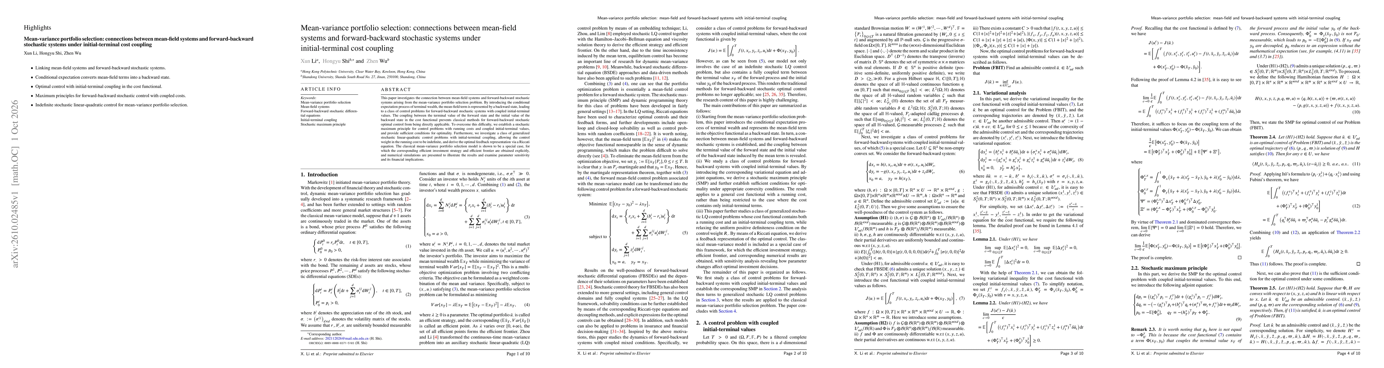Thumbnail for Mean-variance portfolio selection: connections between mean-field systems and forward-backward stochastic systems under initial-terminal cost coupling