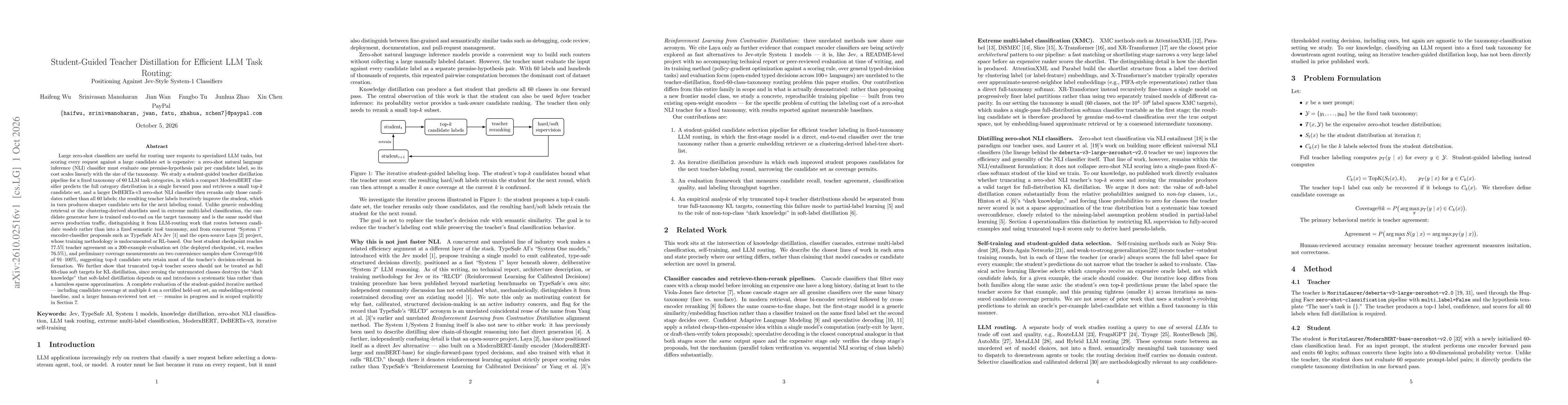 Thumbnail for Student-Guided Teacher Distillation for Efficient LLM Task Routing: Positioning Against Jev-Style System-1 Classifiers