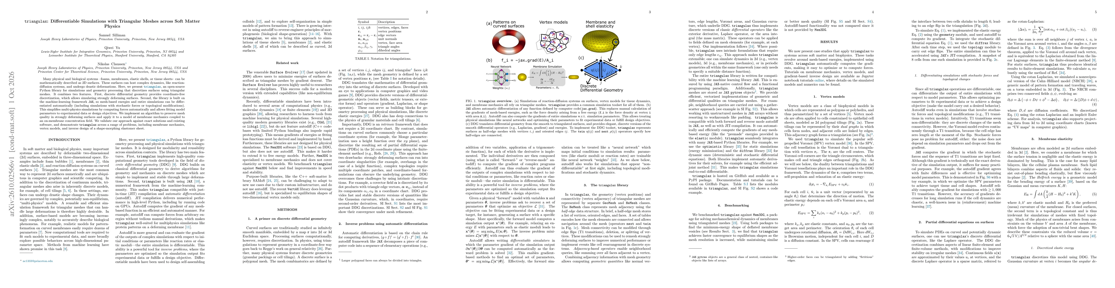 Thumbnail for triangulax: Differentiable Simulations with Triangular Meshes across Soft Matter Physics