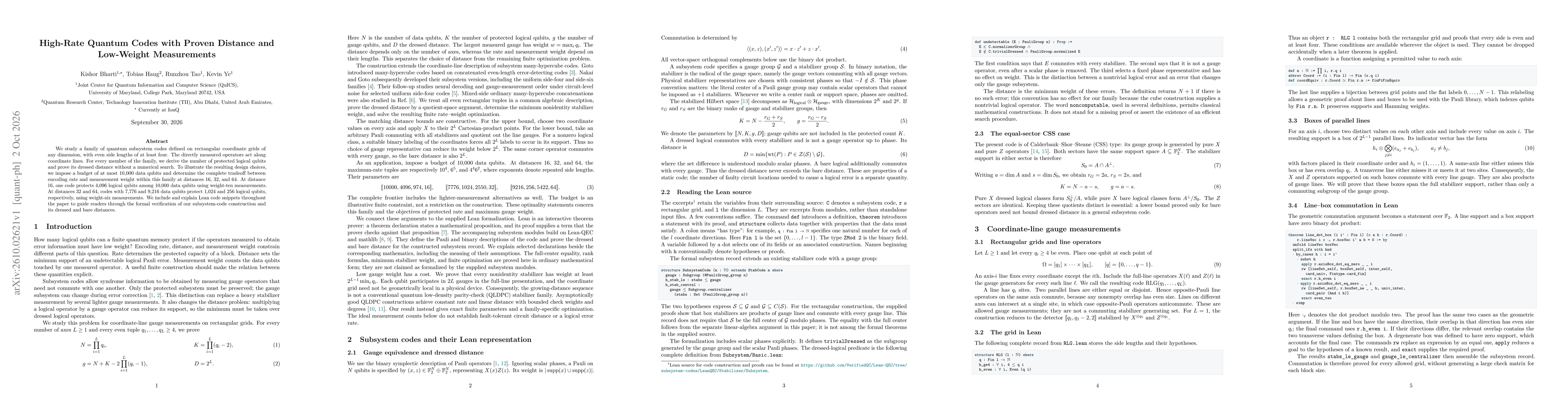 Thumbnail for High-Rate Quantum Codes with Proven Distance and Low-Weight Measurements