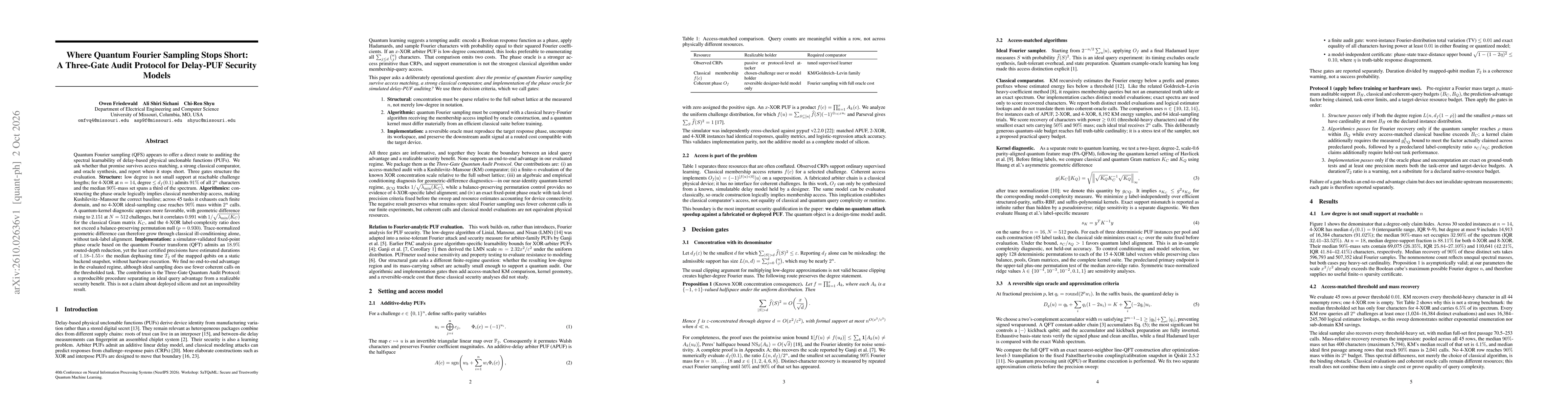 Thumbnail for Where Quantum Fourier Sampling Stops Short: A Three-Gate Audit Protocol for Delay-PUF Security Models