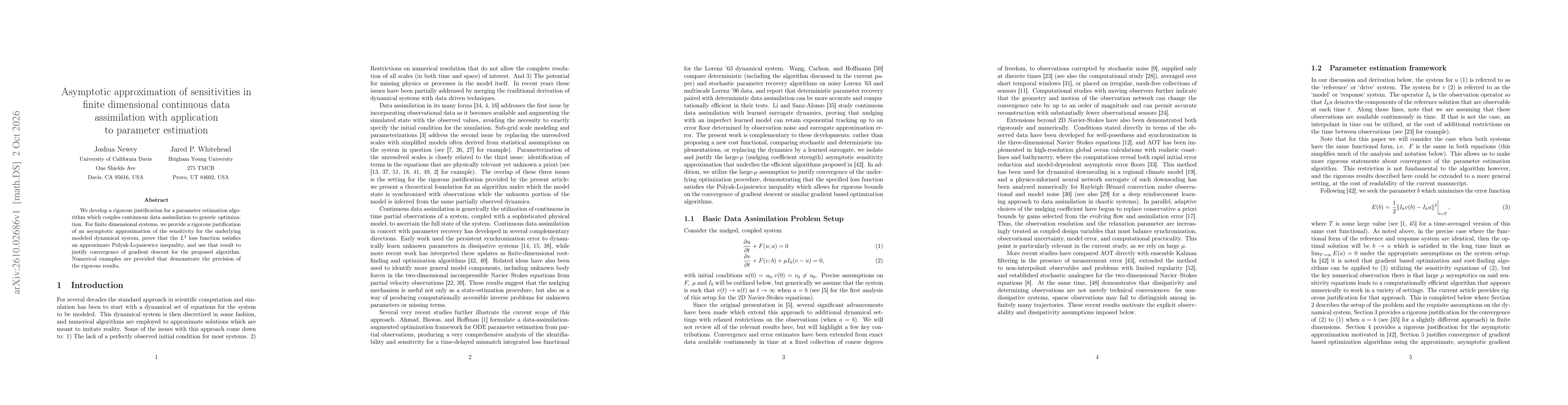 Thumbnail for Asymptotic approximation of sensitivities in finite dimensional continuous data assimilation with application to parameter estimation
