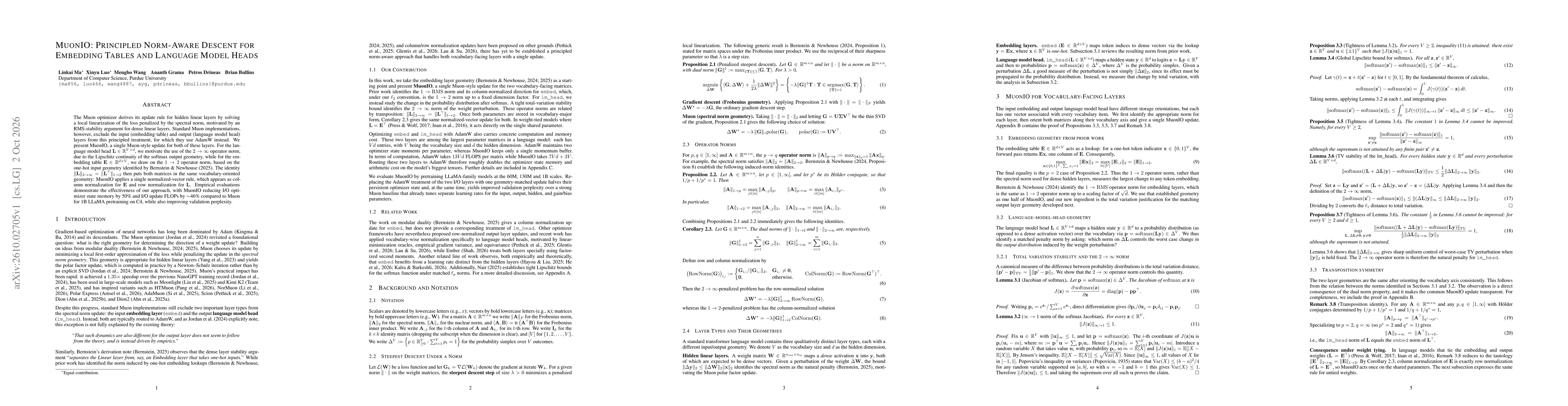 Thumbnail for MuonIO: Principled Norm-Aware Descent for Embedding Tables and Language Model Heads