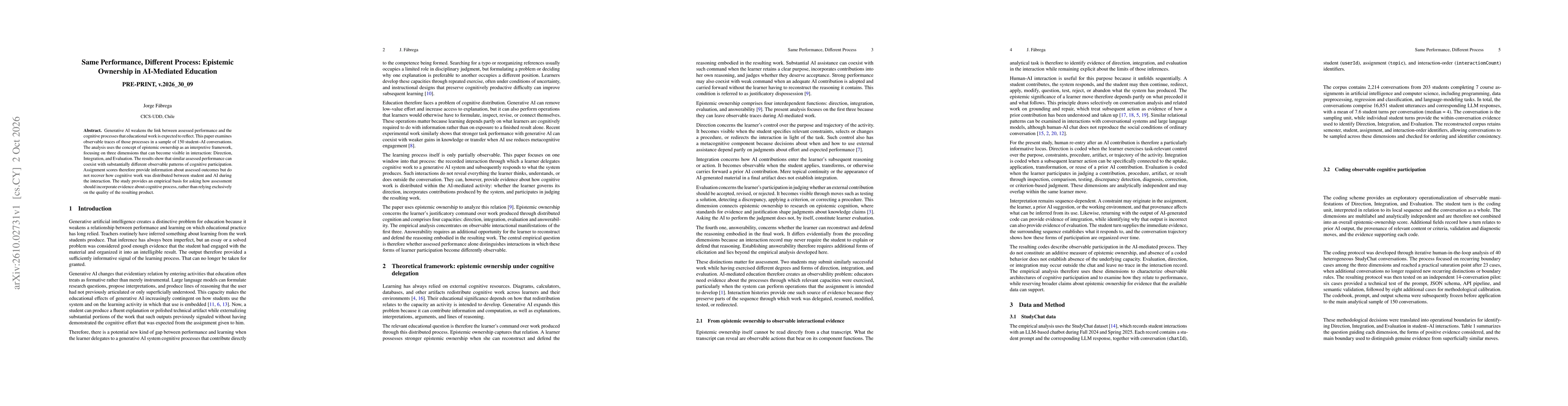 Thumbnail for Same Performance, Different Process: Epistemic Ownership in AI-Mediated Education