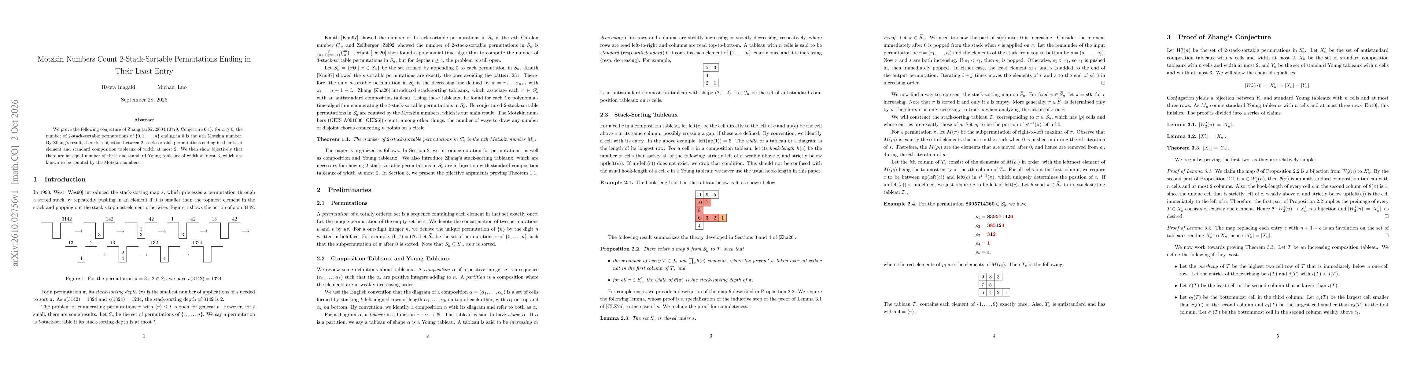 Thumbnail for Motzkin Numbers Count 2-Stack-Sortable Permutations Ending in Their Least Entry