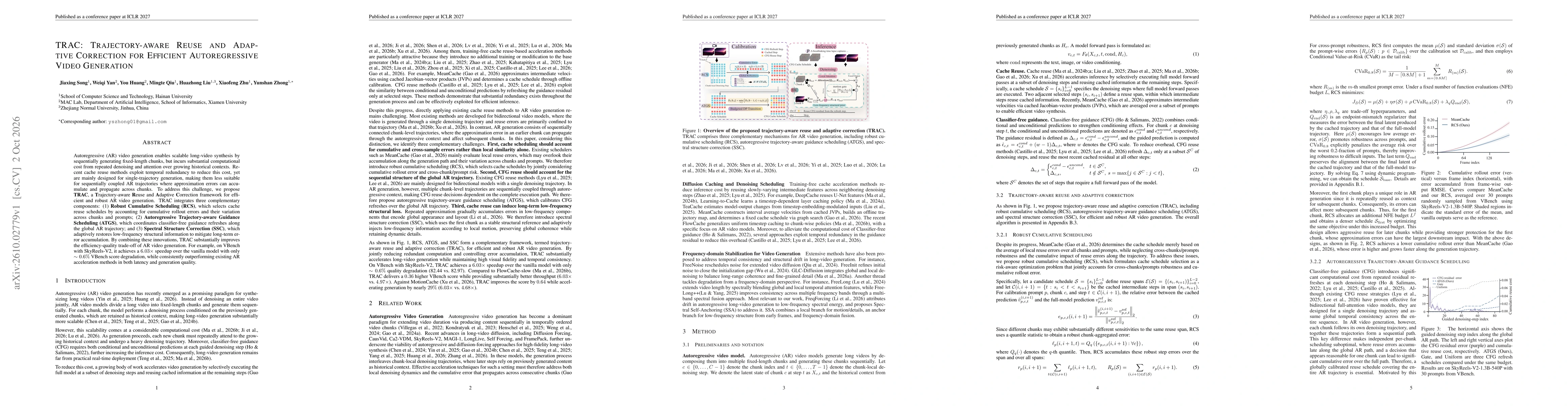 Thumbnail for TRAC: Trajectory-aware Reuse and Adaptive Correction for Efficient Autoregressive Video Generation