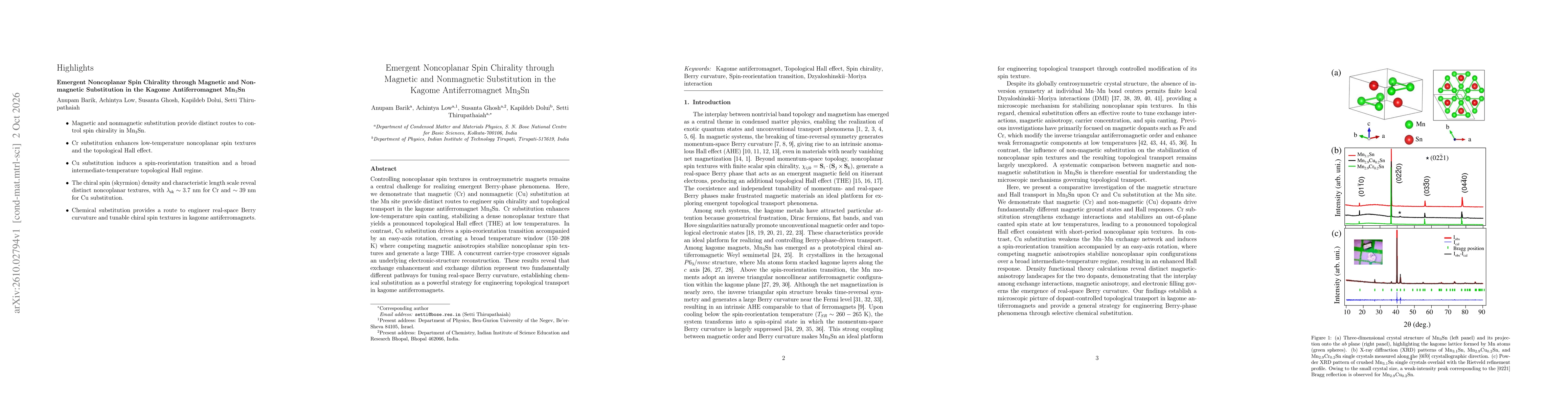 Thumbnail for Emergent Noncoplanar Spin Chirality through Magnetic and Nonmagnetic Substitution in the Kagome Antiferromagnet Mn$_3$Sn