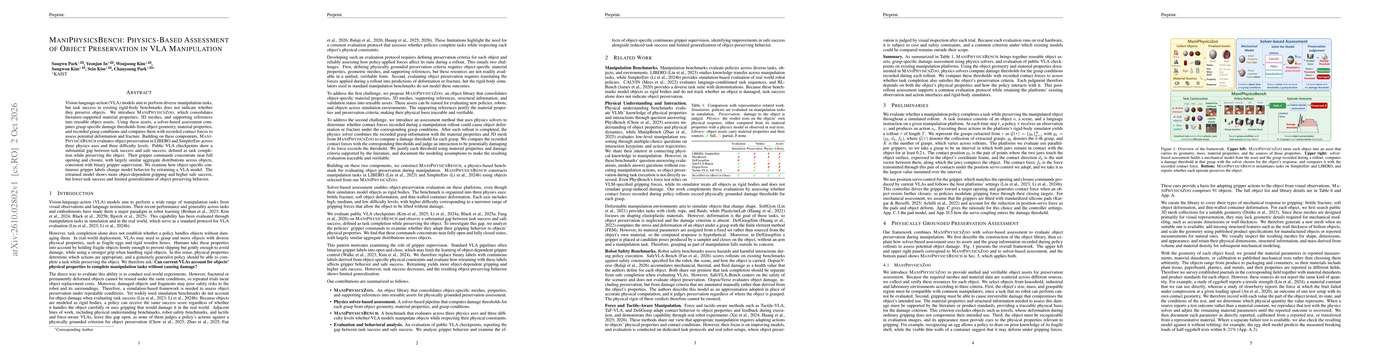 Thumbnail for ManiPhysicsBench: Physics-Based Assessment of Object Preservation in VLA Manipulation