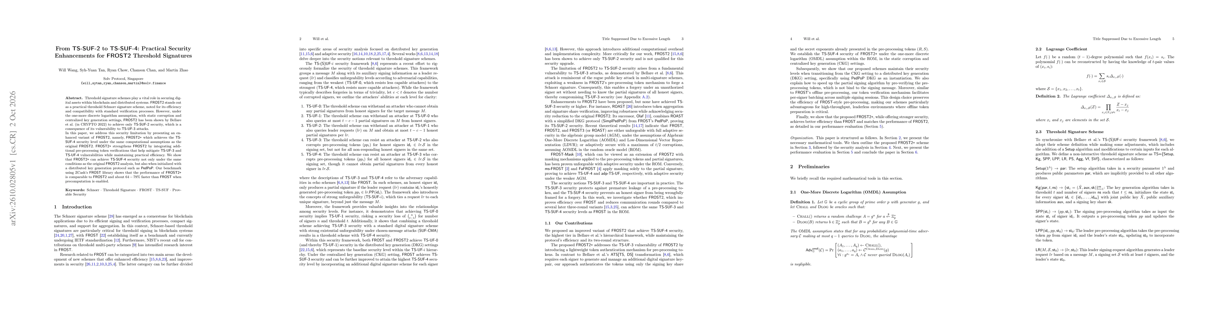 Thumbnail for From TS-SUF-2 to TS-SUF-4: Practical Security Enhancements for FROST2 Threshold Signatures