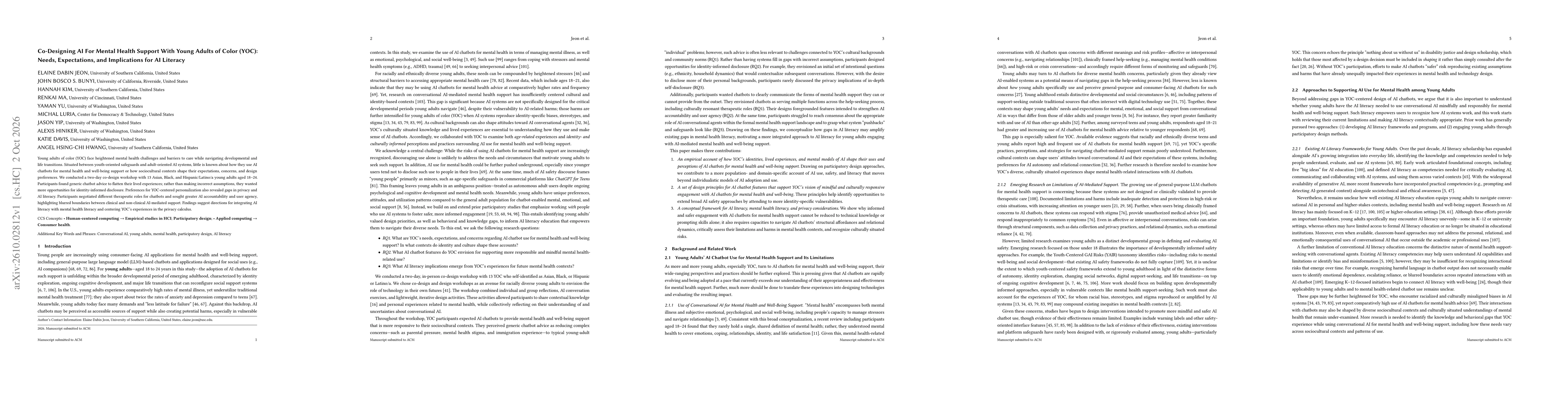 Thumbnail for Co-Designing AI For Mental Health Support With Young Adults of Color (YOC): Needs, Expectations, and Implications for AI Literacy