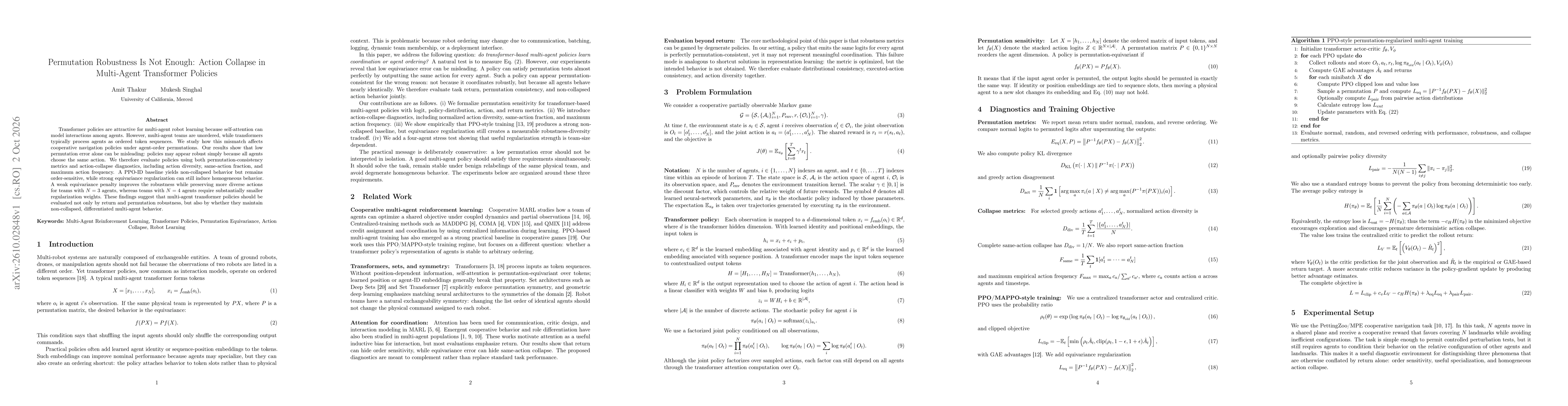 Thumbnail for Permutation Robustness Is Not Enough: Action Collapse in Multi-Agent Transformer Policies