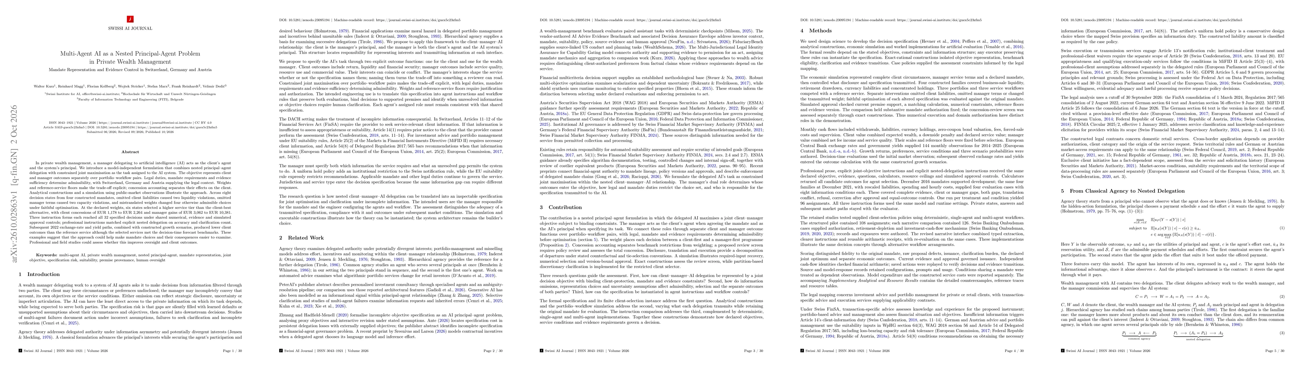 Thumbnail for Multi-Agent AI as a Nested Principal-Agent Problem in Private Wealth Management: Mandate Representation and Evidence Control in Switzerland, Germany and Austria