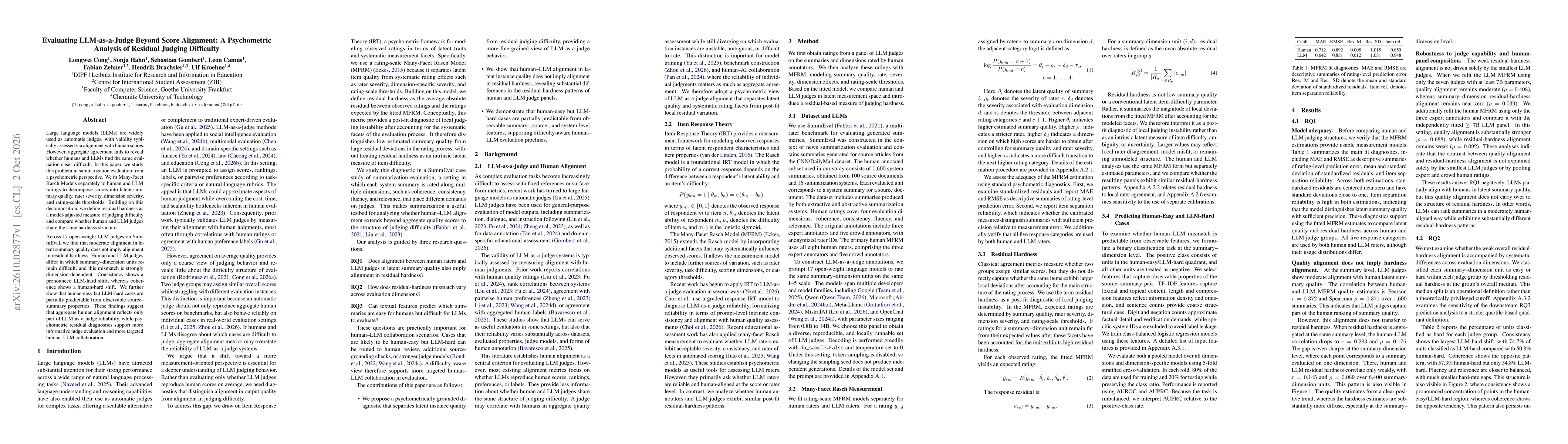 Thumbnail for Evaluating LLM-as-a-Judge Beyond Score Alignment: A Psychometric Analysis of Residual Judging Difficulty