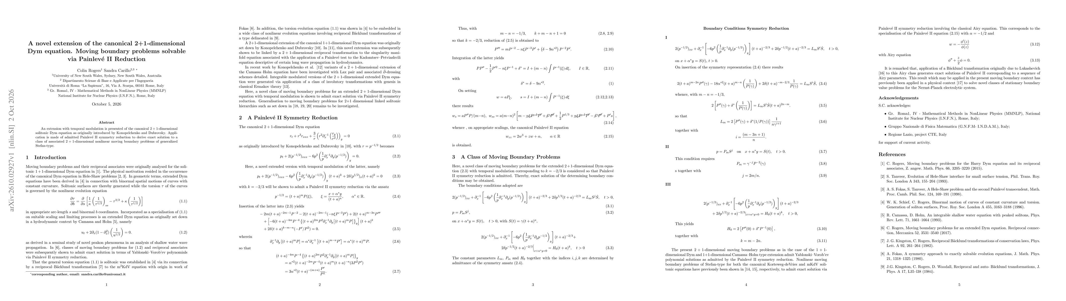 Thumbnail for A novel extension of the canonical 2+1-dimensional Dym equation. Moving boundary problems solvable via Painleve' II Reduction