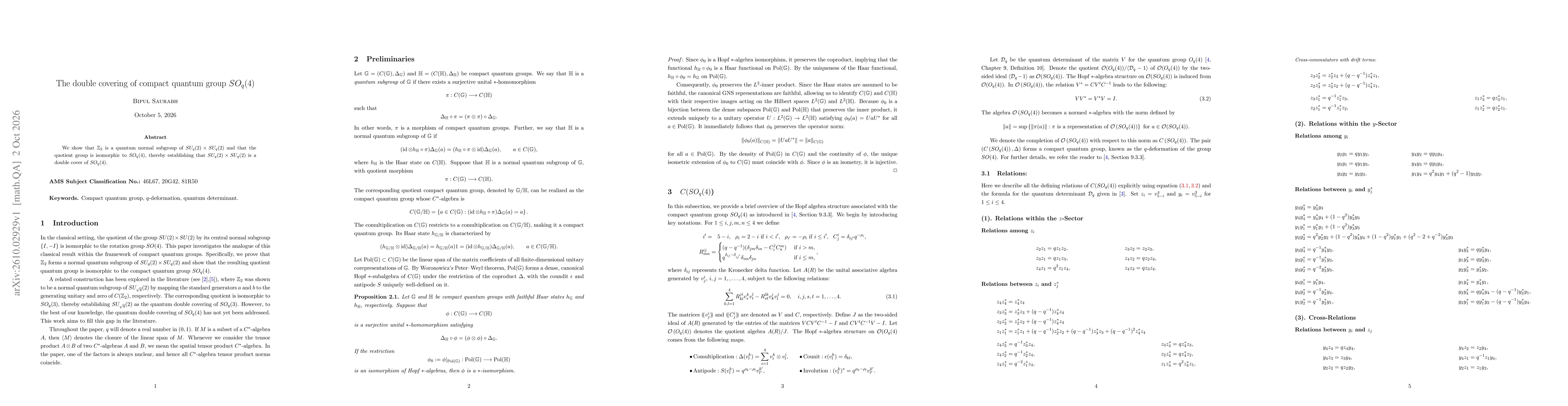 Thumbnail for The double covering of compact quantum group $SO_q(4)$