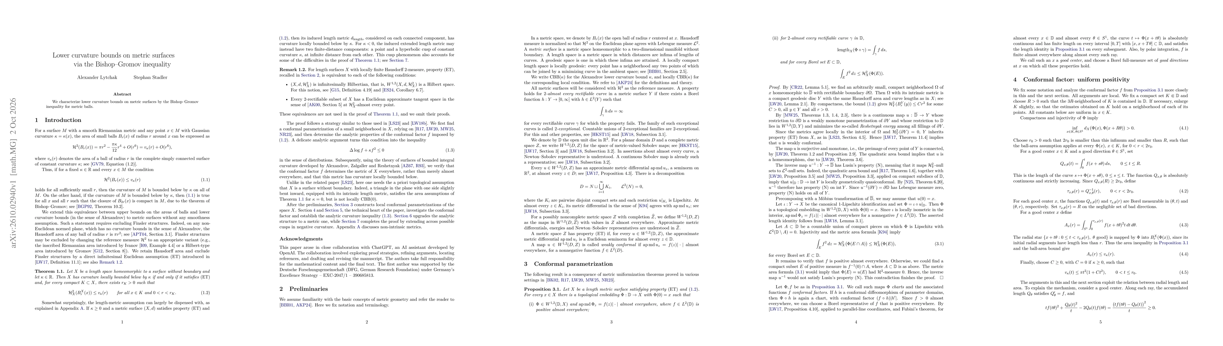 Thumbnail for Lower curvature bounds on metric surfaces via the Bishop--Gromov inequality