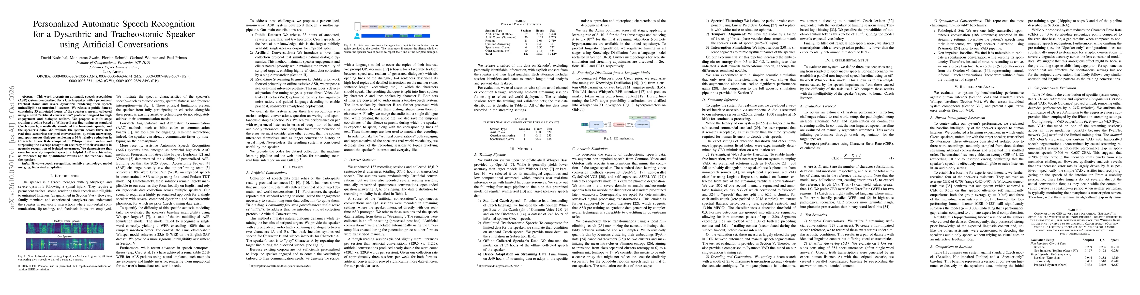 Thumbnail for Personalized Automatic Speech Recognition for a Dysarthric and Tracheostomic Speaker using Artificial Conversations