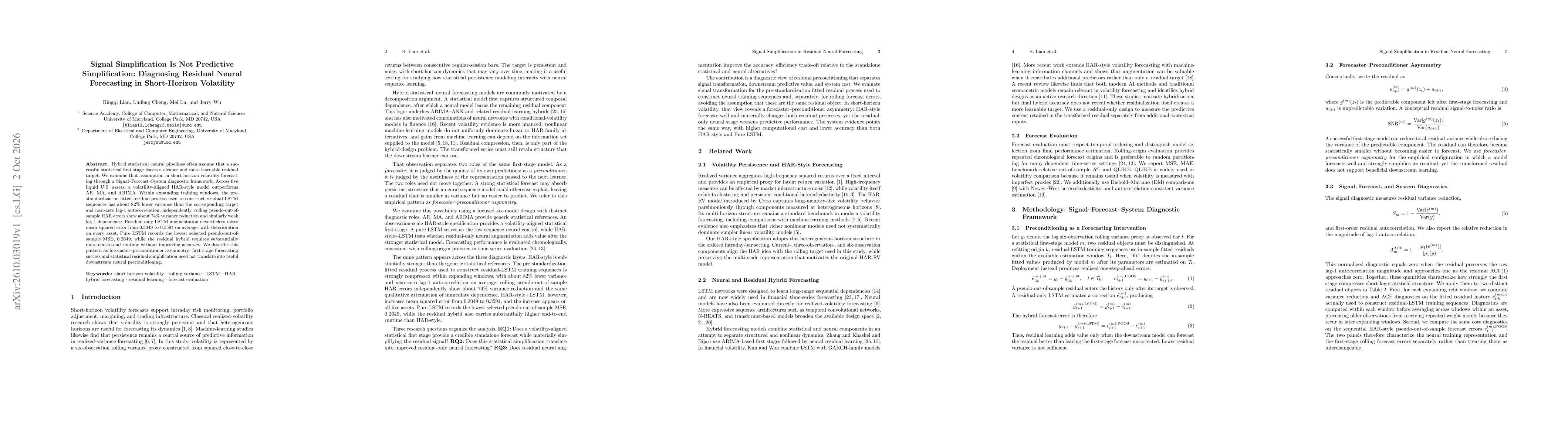 Thumbnail for Signal Simplification Is Not Predictive Simplification: Diagnosing Residual Neural Forecasting in Short-Horizon Volatility
