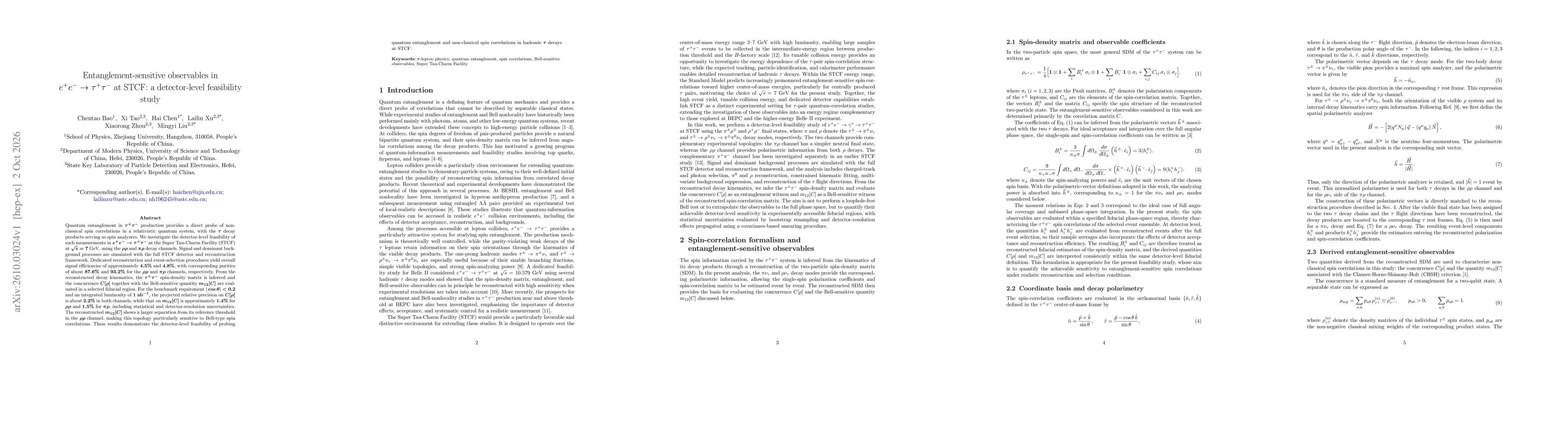 Thumbnail for Entanglement-sensitive observables in $e^+e^- \to τ^+τ^-$ at STCF: a detector-level feasibility study