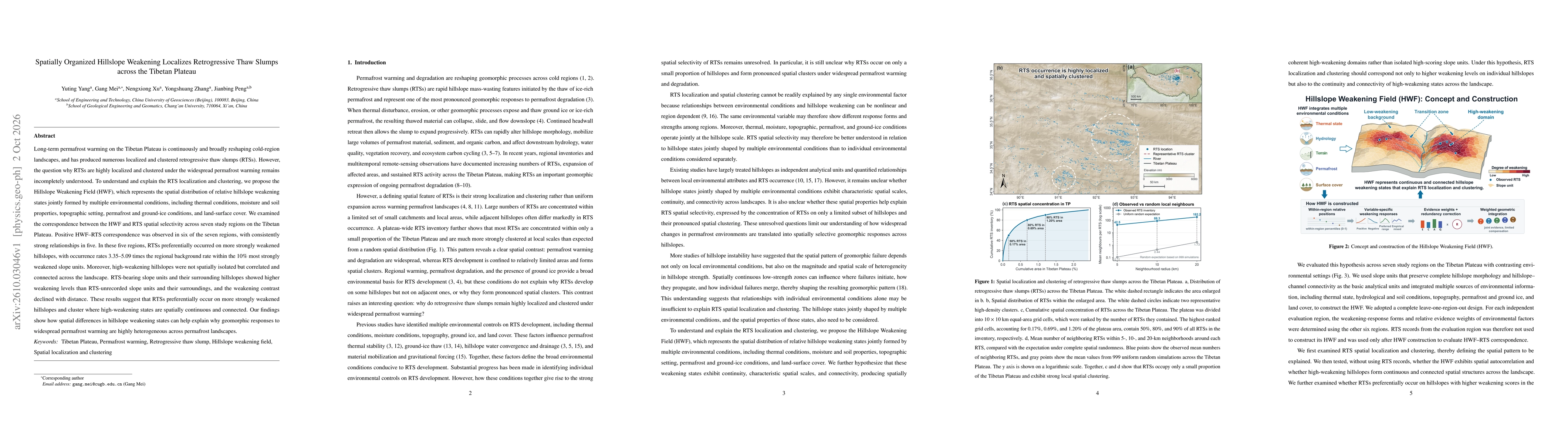 Thumbnail for Spatially Organized Hillslope Weakening Localizes Retrogressive Thaw Slumps across the Tibetan Plateau