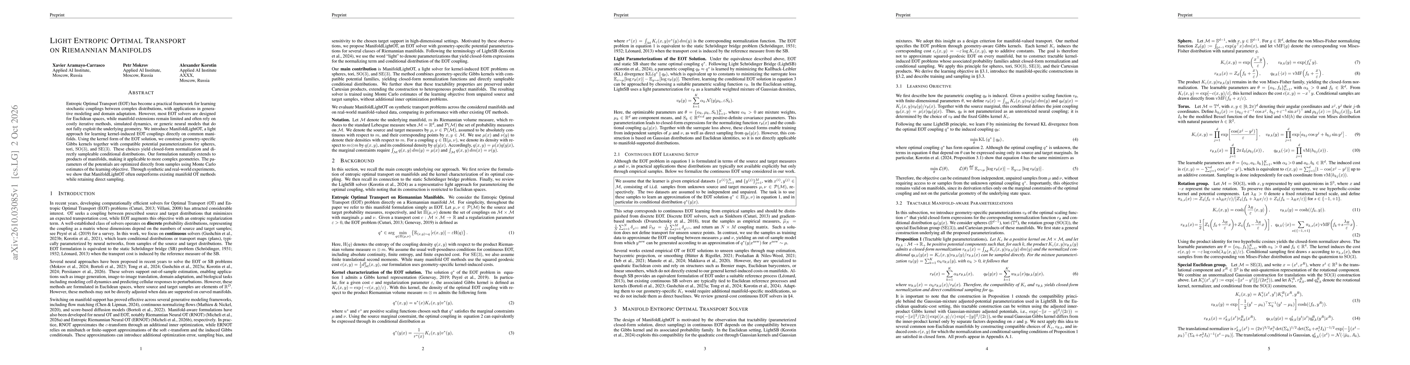 Thumbnail for Light Entropic Optimal Transport on Riemannian Manifolds