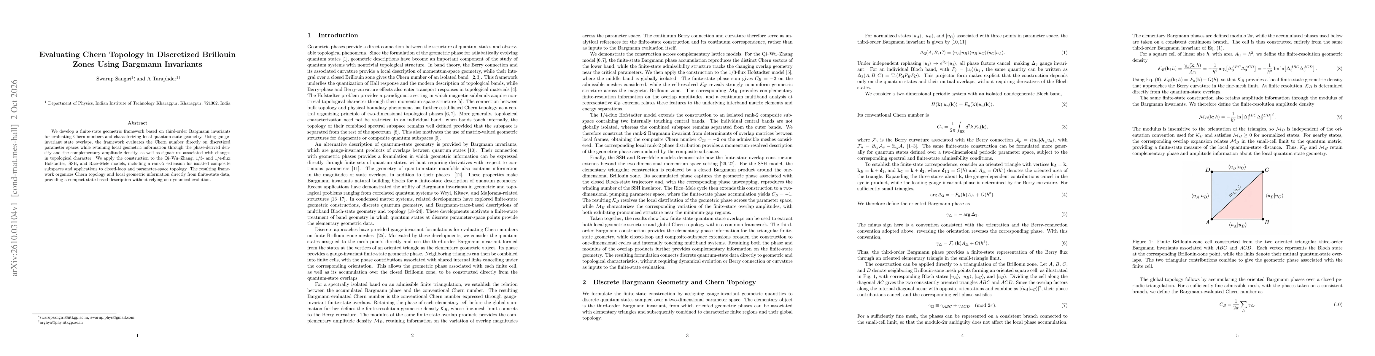 Thumbnail for Evaluating Chern Topology in Discretized Brillouin Zones Using Bargmann Invariants