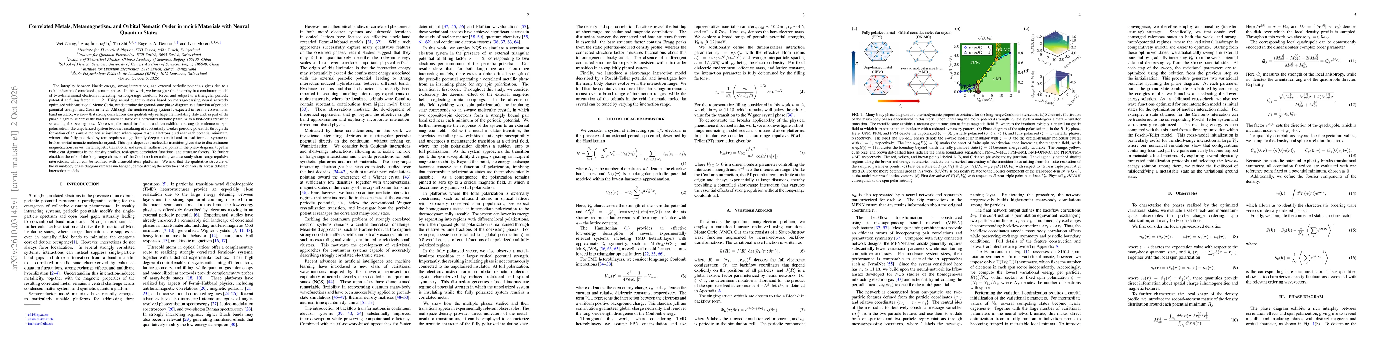Thumbnail for Correlated Metals, Metamagnetism, and Orbital Nematic Order in moiré Materials with Neural Quantum States