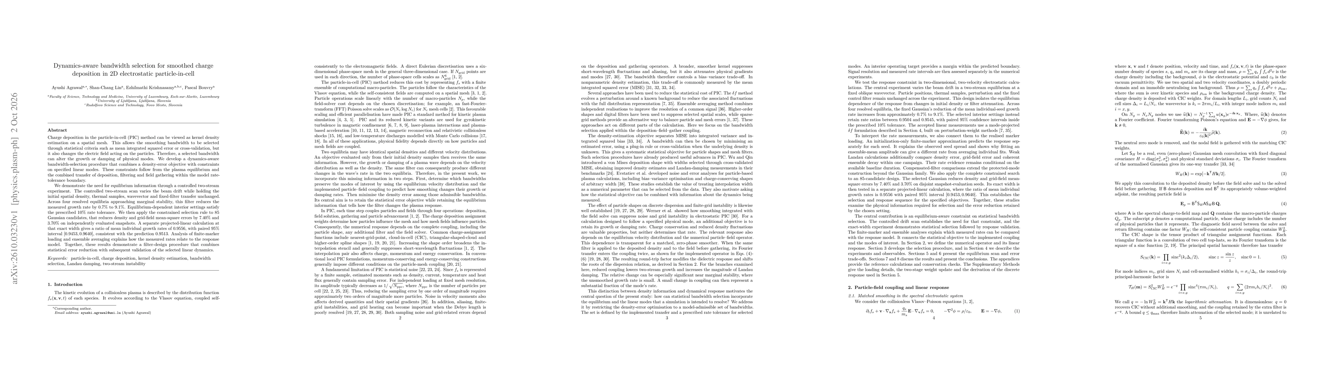 Thumbnail for Dynamics-aware bandwidth selection for smoothed charge deposition in 2D electrostatic particle-in-cell